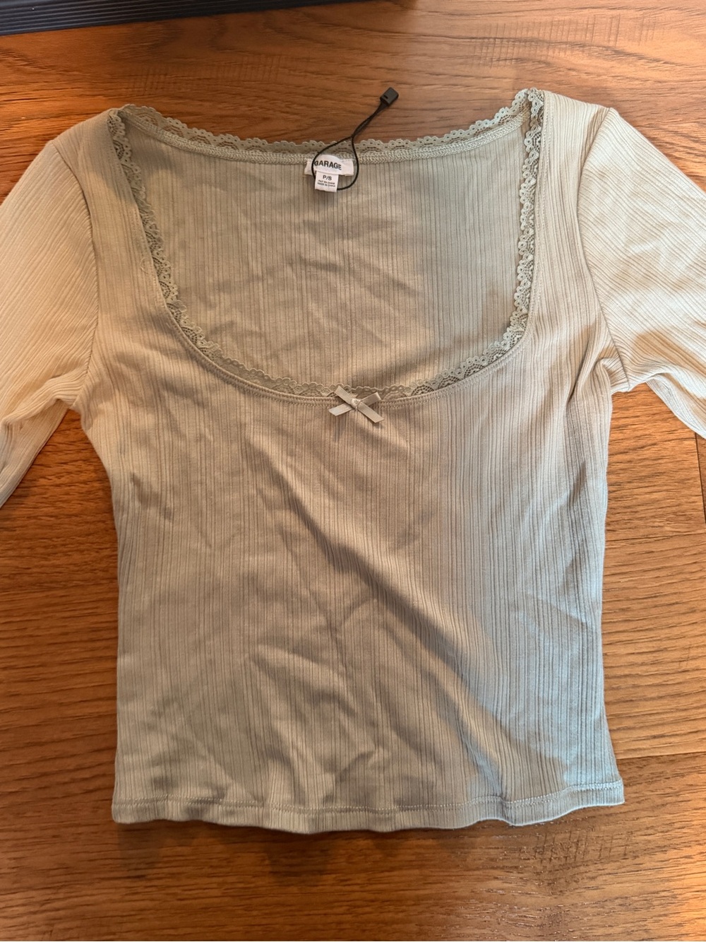 Garage Light Sage Ribbed Scoop Neck Short Sleeve Top with Lace Trim